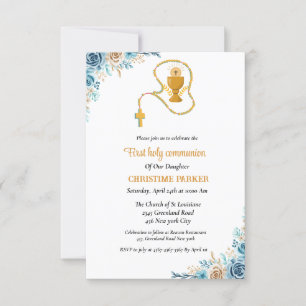 Invitation Première communion sainte aquarelle bleu floral