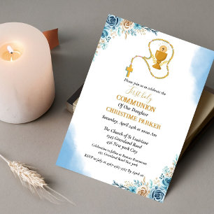 Invitation Première communion sainte aquarelle bleu floral