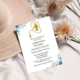 Invitation Première communion sainte aquarelle bleu floral
