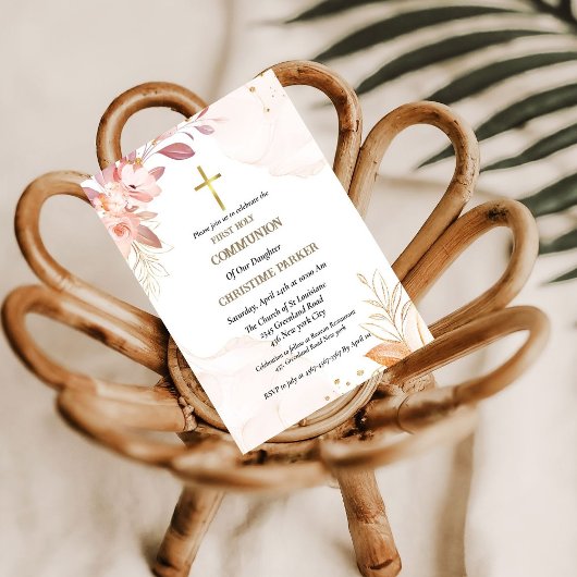 Invitation Première communion sainte aquarelle rose splash in