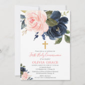 Invitation Première communion sainte bleu marine rose (Devant)