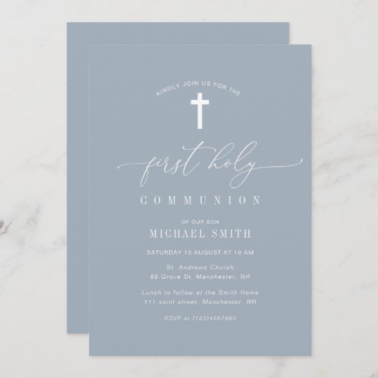 Invitation première communion sainte bleue poussiéreuse minim (Devant / Derrière)