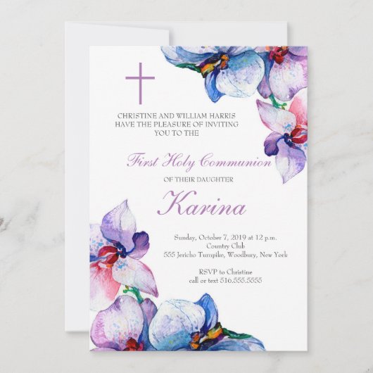 Invitation Première communion sainte de fleurs violettes et b (Devant)