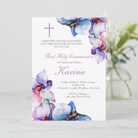 Invitation Première communion sainte de fleurs violettes et b (Debout devant)