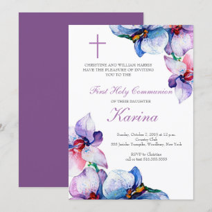 Invitation Première communion sainte de fleurs violettes et b