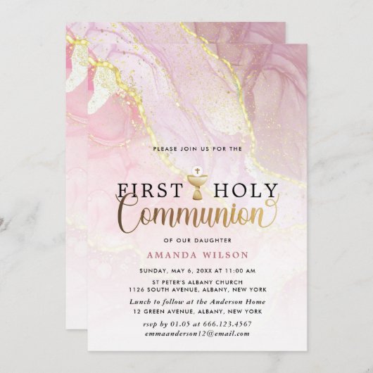 Invitation Première communion sainte de la fille en marbre ro (Devant / Derrière)