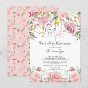 Invitation Première communion sainte de la flore rose rousse
