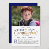 Invitation Première communion sainte de Navy et Gold Boy (Devant / Derrière)