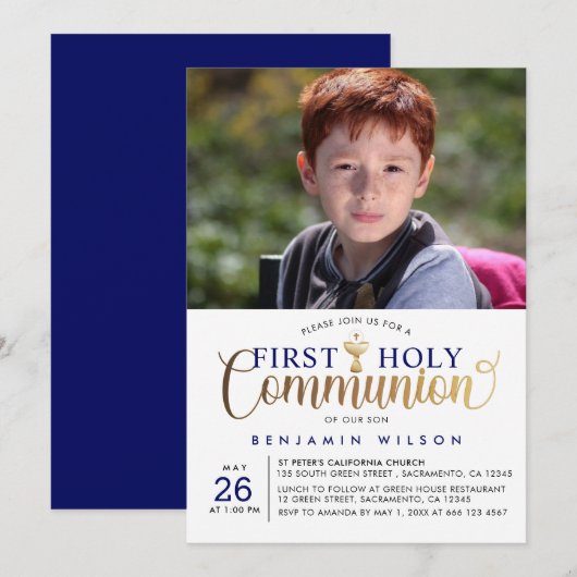 Invitation Première communion sainte de Navy et Gold Boy (Devant / Derrière)