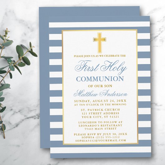 Invitation Première Communion Sainte Dusty Bleu Gravé Or