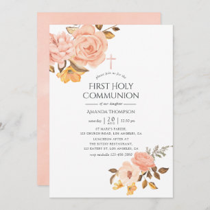 Invitation Première communion sainte rose et dorée
