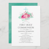 Invitation Première communion sainte rose et menthe (Devant / Derrière)