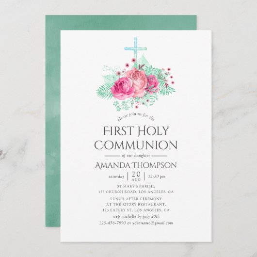 Invitation Première communion sainte rose et menthe (Devant / Derrière)