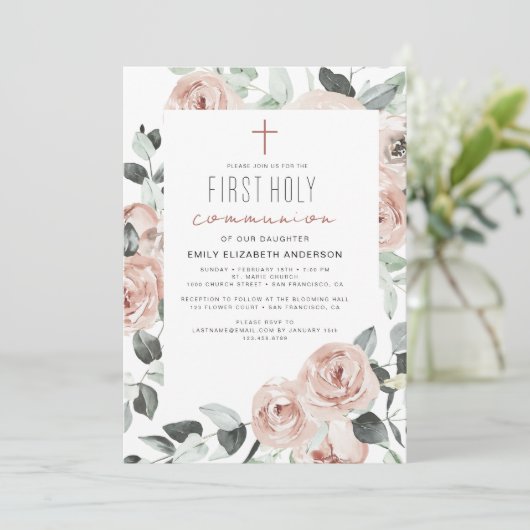 Invitation Première communion sainte rose pâle (Debout devant)