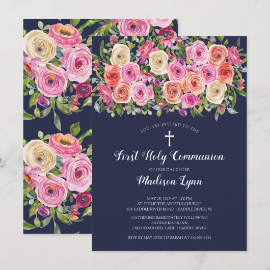 Invitation Première communion sainte rose rose moderne (Devant / Derrière)