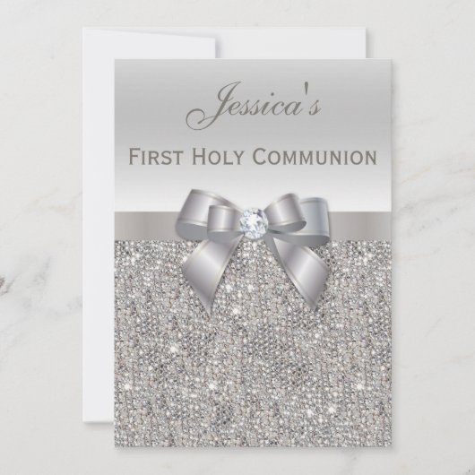 Invitation Première Communion Séquences d'argent et Bow (Devant)