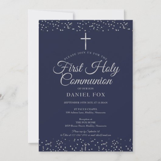 Invitation Première communion Silver Stardust Bleu marine (Devant)