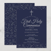 Invitation Première communion Silver Stardust Bleu marine (Devant / Derrière)