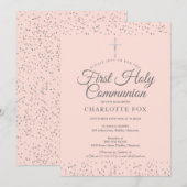 Invitation Première communion Silver Stardust rose poudré (Devant / Derrière)