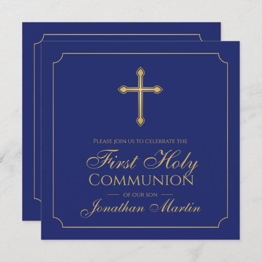 Invitation Première communion Simple Croix Or Bleue Chrétien (Devant / Derrière)