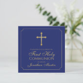 Invitation Première communion Simple Croix Or Bleue Chrétien (Debout devant)