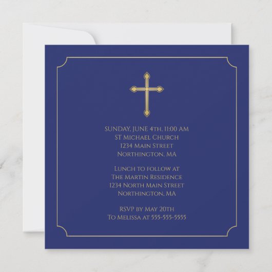 Invitation Première communion Simple Croix Or Bleue Chrétien (Dos)