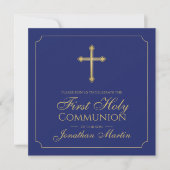 Invitation Première communion Simple Croix Or Bleue Chrétien (Devant)