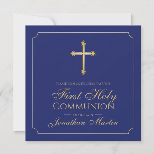 Invitation Première communion Simple Croix Or Bleue Chrétien (Devant)
