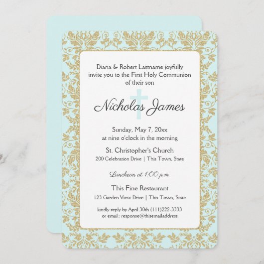 Invitation Première communion Soft Blue et Gold Damask (Devant / Derrière)