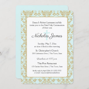 Invitation Première communion Soft Blue et Gold Damask