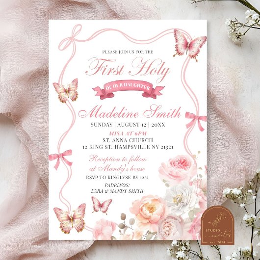 Invitation Première communion solennelle fleur papillon Flora
