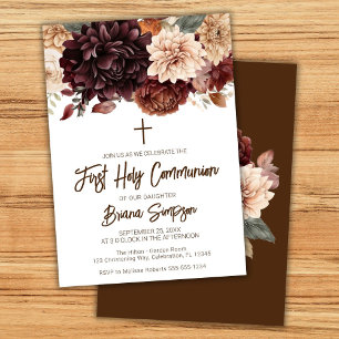 Invitation Première communion solennelle fleurs beige marron