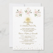 Invitation Première communion triplets Fleurs roses Luxe (Devant)