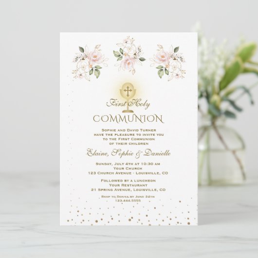 Invitation Première communion triplets Fleurs roses Luxe (Debout devant)