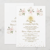 Invitation Première communion triplets Fleurs roses Luxe (Devant / Derrière)