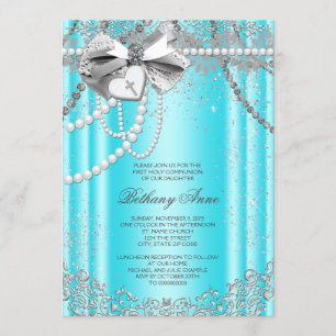 Invitation Première communion turquoise de Pearl bleu et gris