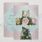 Invitation Première communion Turquoise vintage bleue et rose (Devant / Derrière)