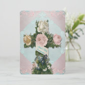 Invitation Première communion Turquoise vintage bleue et rose (Debout devant)