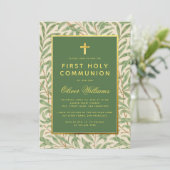 Invitation Première Communion Vert Faux Or Feuillage Vert (Debout devant)