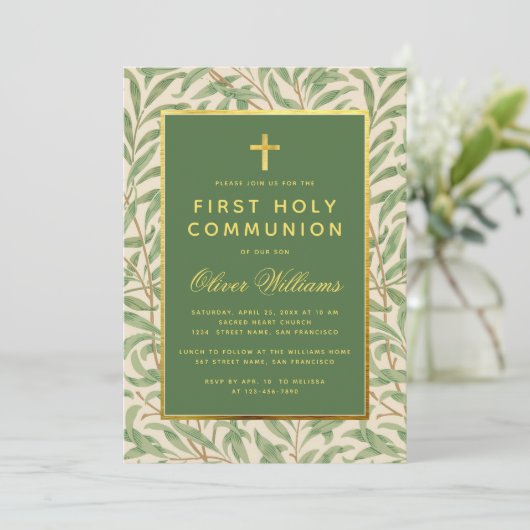 Invitation Première Communion Vert Faux Or Feuillage Vert (Debout devant)