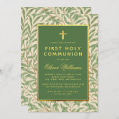 Invitation Première Communion Vert Faux Or Feuillage Vert (Devant / Derrière)