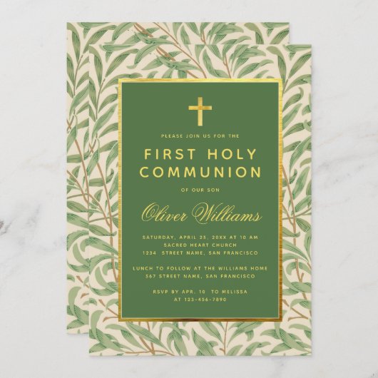 Invitation Première Communion Vert Faux Or Feuillage Vert (Devant / Derrière)