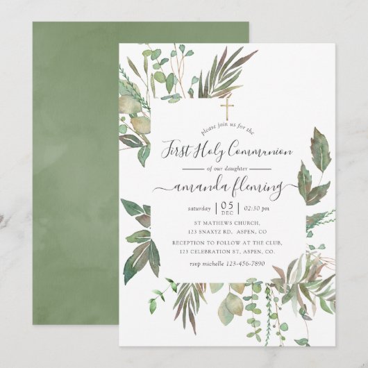 Invitation Première communion verte (Devant / Derrière)