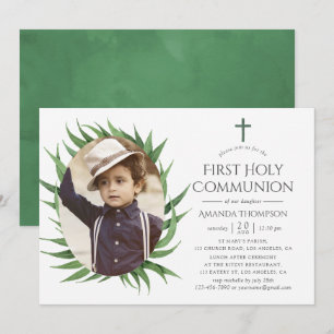 Invitation Première communion verte forêt aquarelle