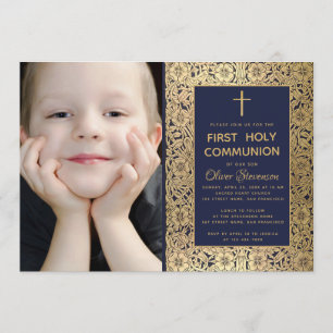 Invitation Première communion Vintage Blue Gold Floral Photo