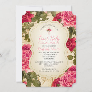 Invitation Première communion Vintage rose Roses Floral