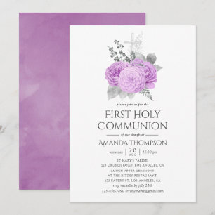 Invitation Première communion vintage rose violet et argent