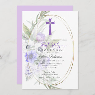 Invitation Première communion Violet Anémonique Floral Cros