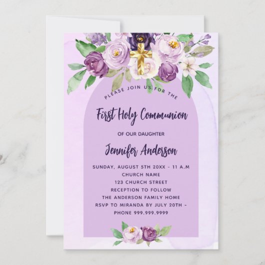 Invitation Première communion violet fleurs violet croix fill (Devant)