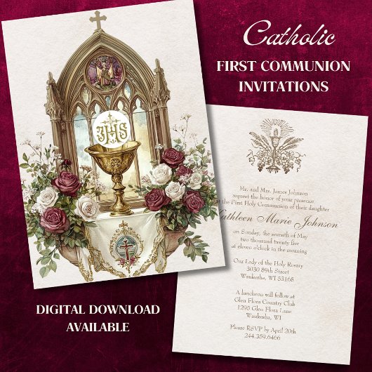Invitation Première communionCalice Hostie Roses blanches de